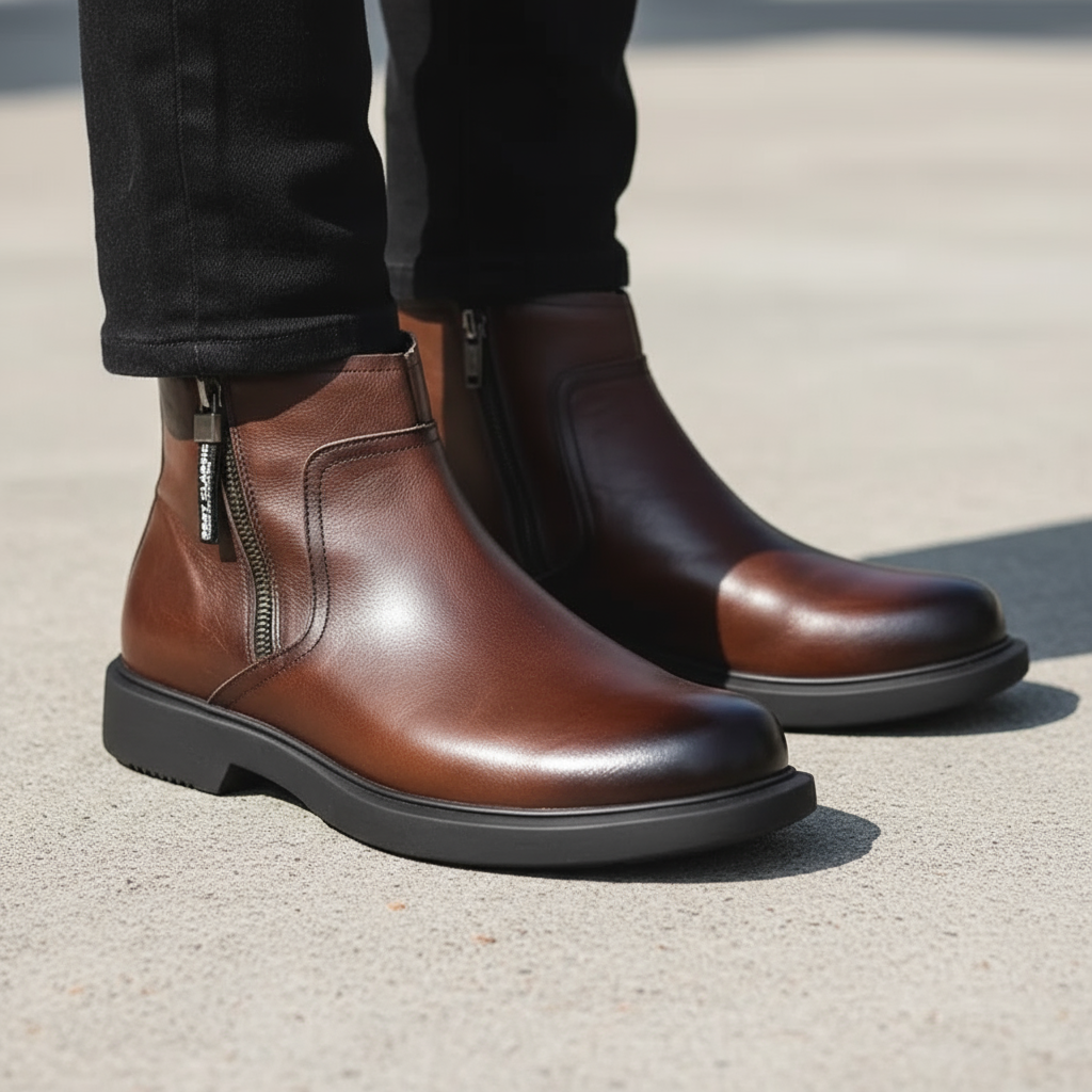Rückansicht der braunen Lederstiefel für Herren