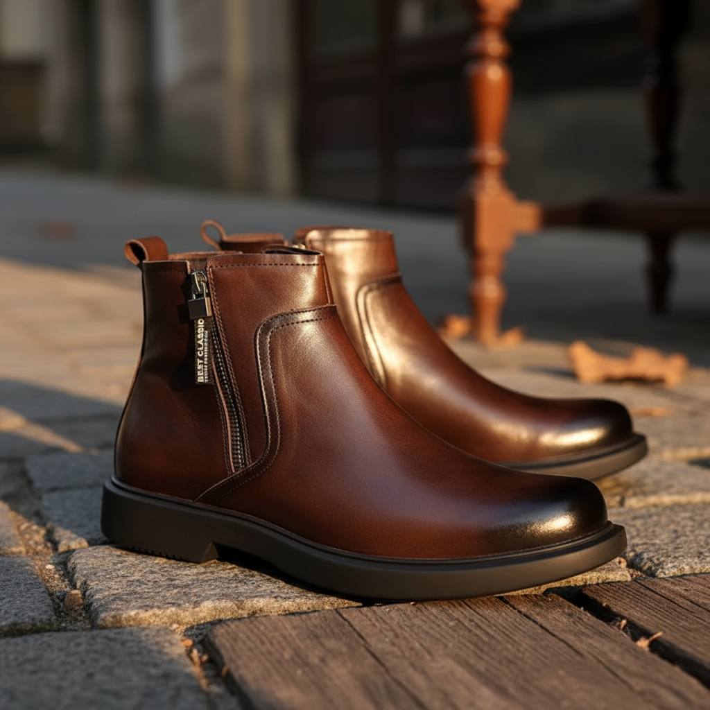 Herrenstiefel aus braunem Leder in einer seitlichen Produktansicht