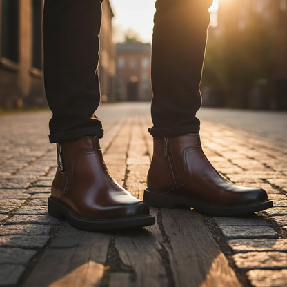 Detailaufnahme des Reißverschlusses am braunen Herren-Lederstiefel