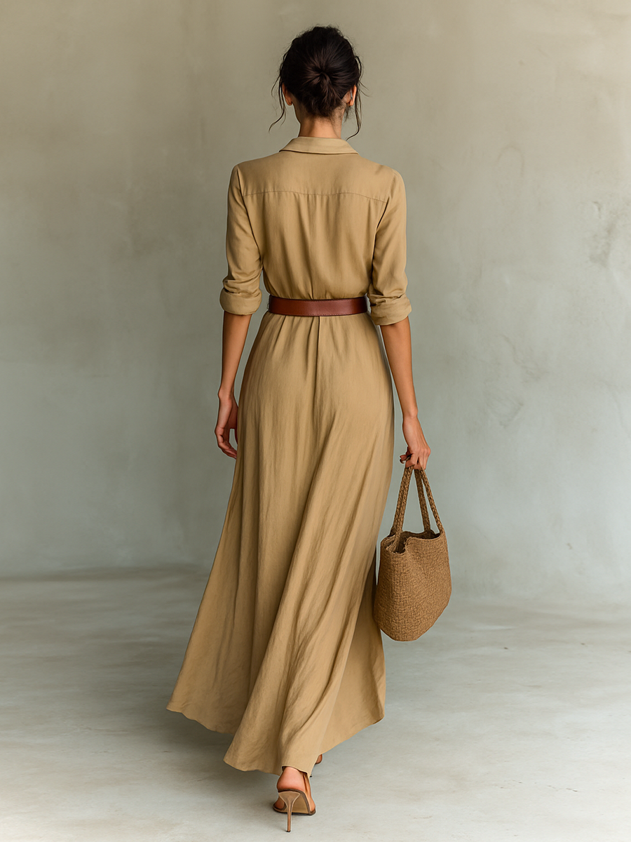 Women's Maxi Dress with Belt and Flowing Cut 