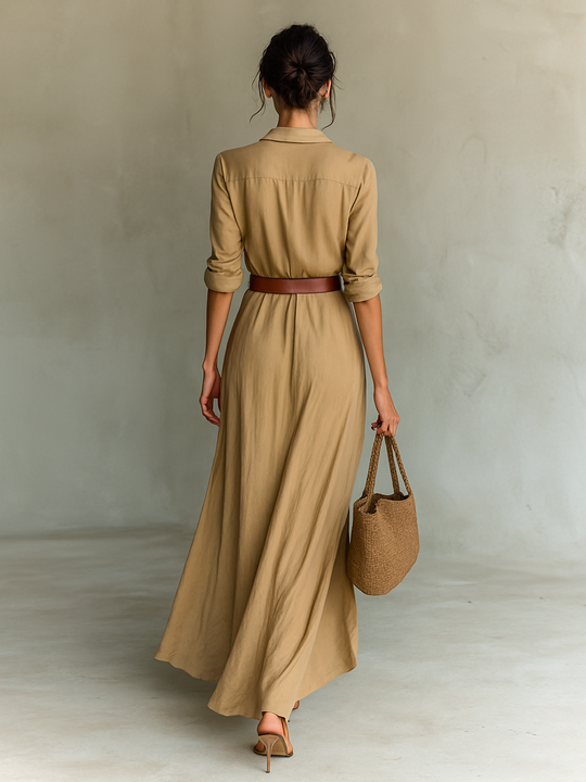 Women's Maxi Dress with Belt and Flowing Cut 