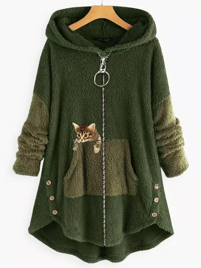 Women's hooded coat with cat print and button pockets