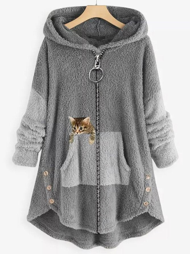 Women's hooded coat with cat print and button pockets