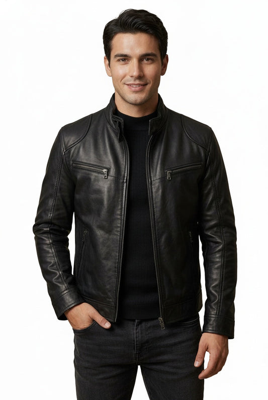 Herren Kunstlederjacke im Slim Fit mit markantem Stehkragen