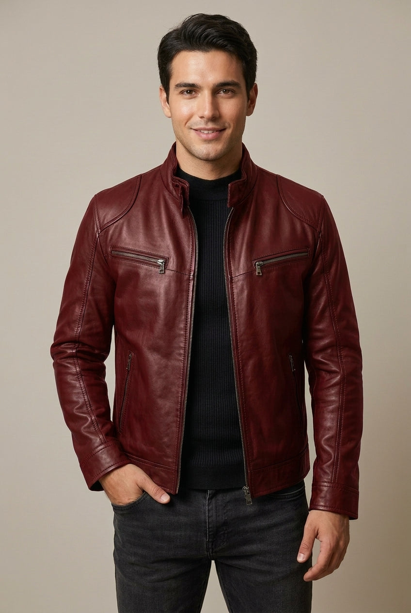 Herren Kunstlederjacke Slim Fit Mit Stehkragen