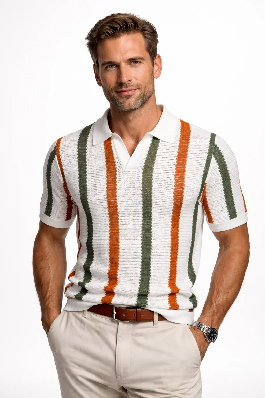 Gestreiftes Strick-Poloshirt für Herren im Retro-Stil