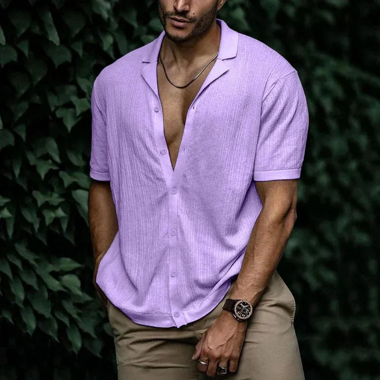 Men's relaxed fit short sleeve shirt shown on a model, front view