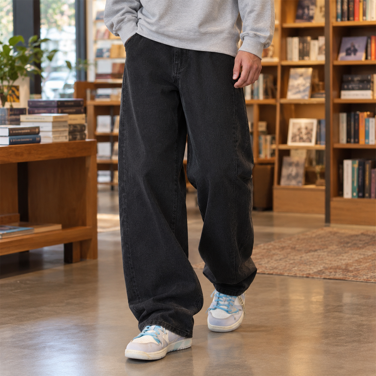 Damen-Wide-Leg-Jeans mit geradem Schnitt in frontaler Ansicht