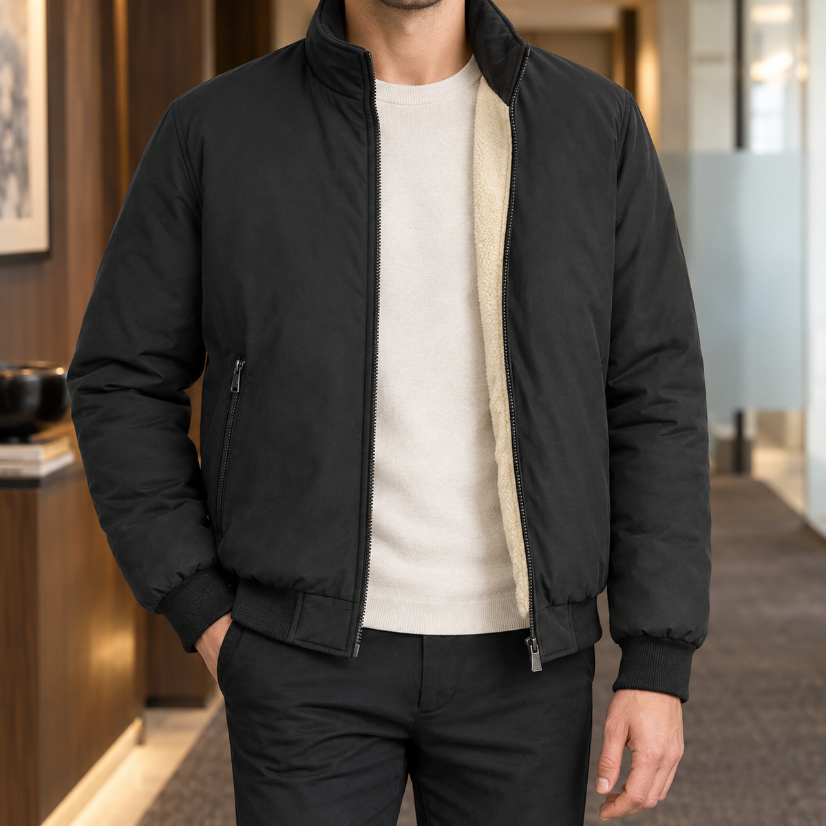 Herren-Stehkragenjacke aus Webstoff mit Rippdetails