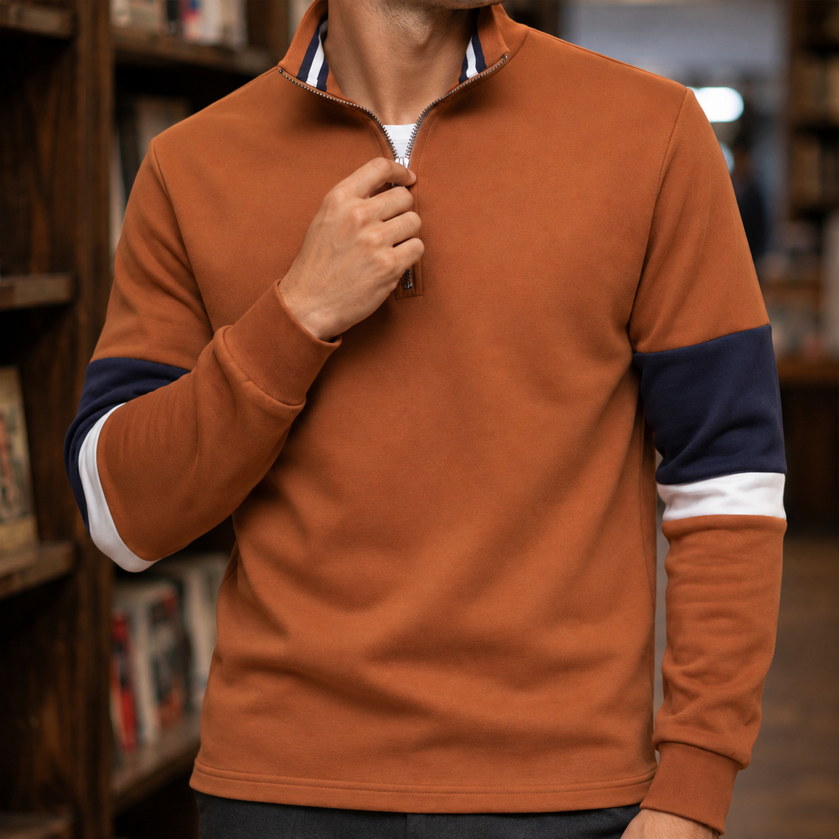 Quarter Zip Pullover Aus Baumwollmix Mit Stehkragen