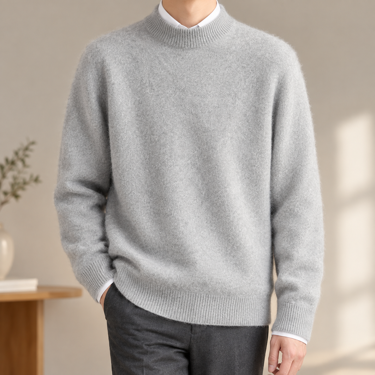 Herren-Strickpullover mit geripptem Stehkragen in der Vorderansicht