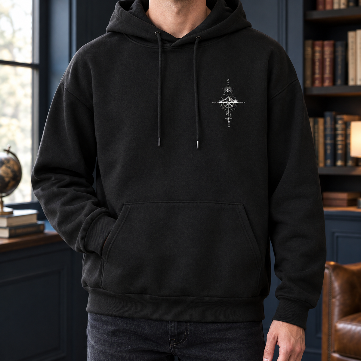 Herren Relaxed Hoodie aus Baumwollmix mit Bergmotiv, Vorderansicht
