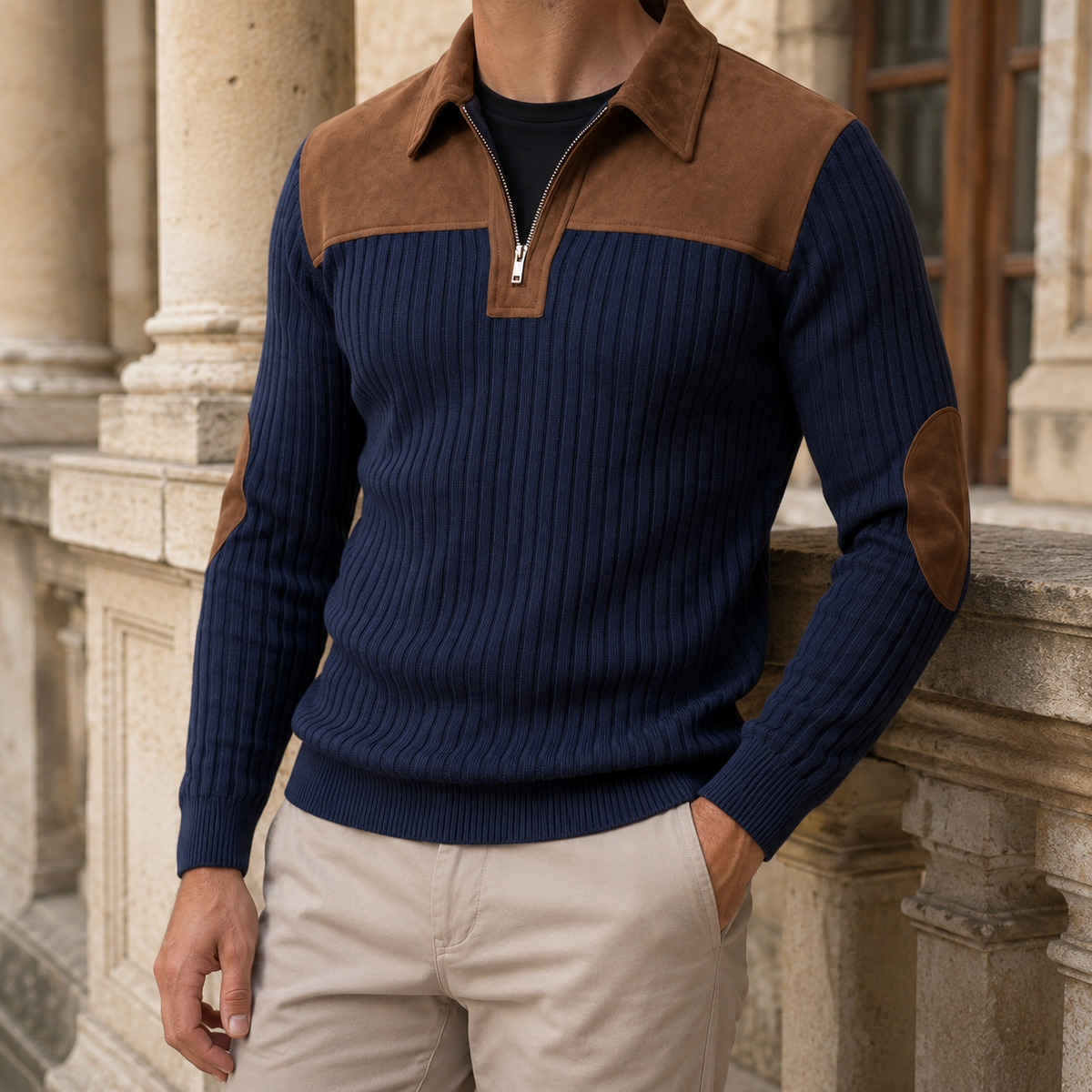 Herren Pullover Mit Viertelreißverschluss Gerippter Strick