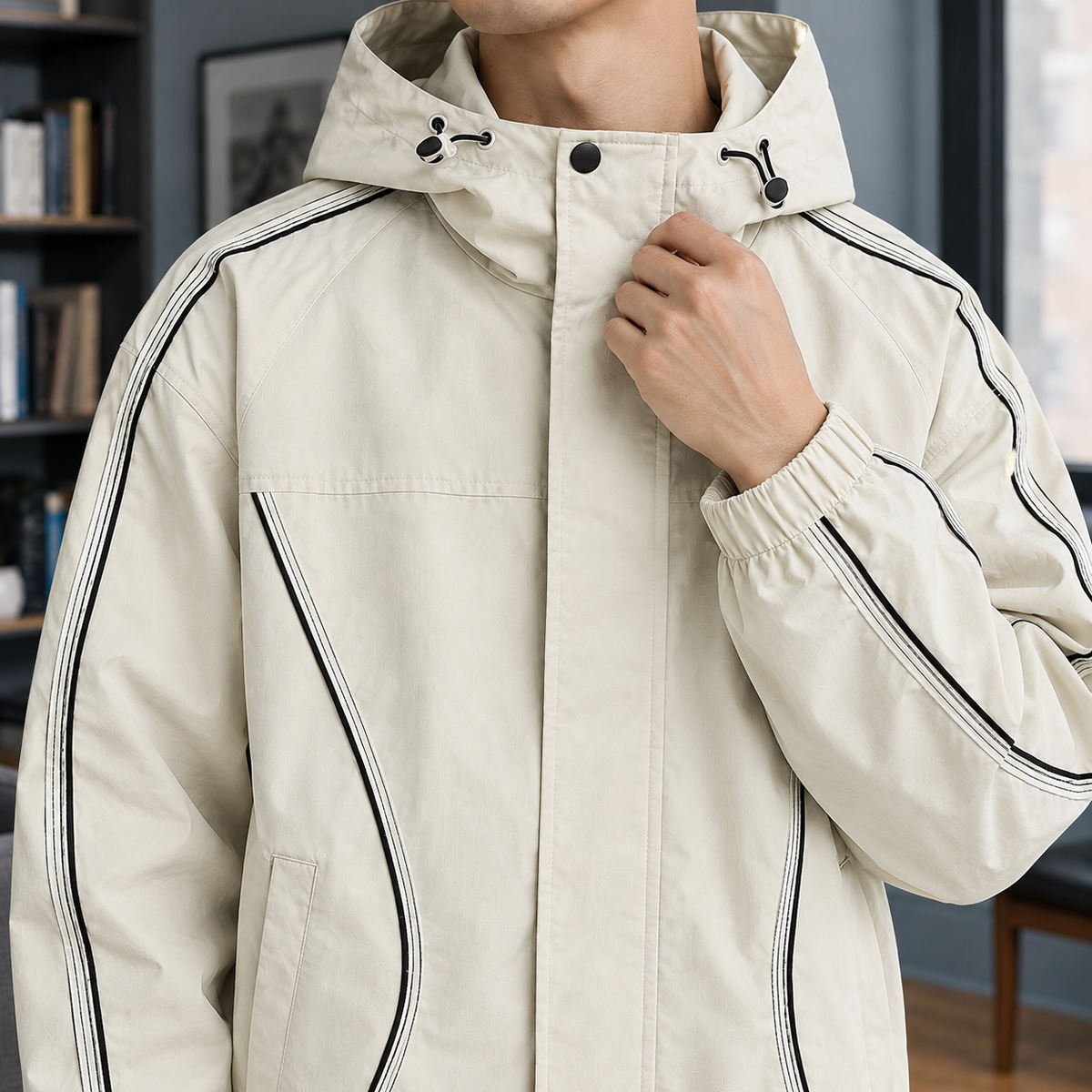 Damenjacke mit Kapuze und kontrastierenden Paspeldetails