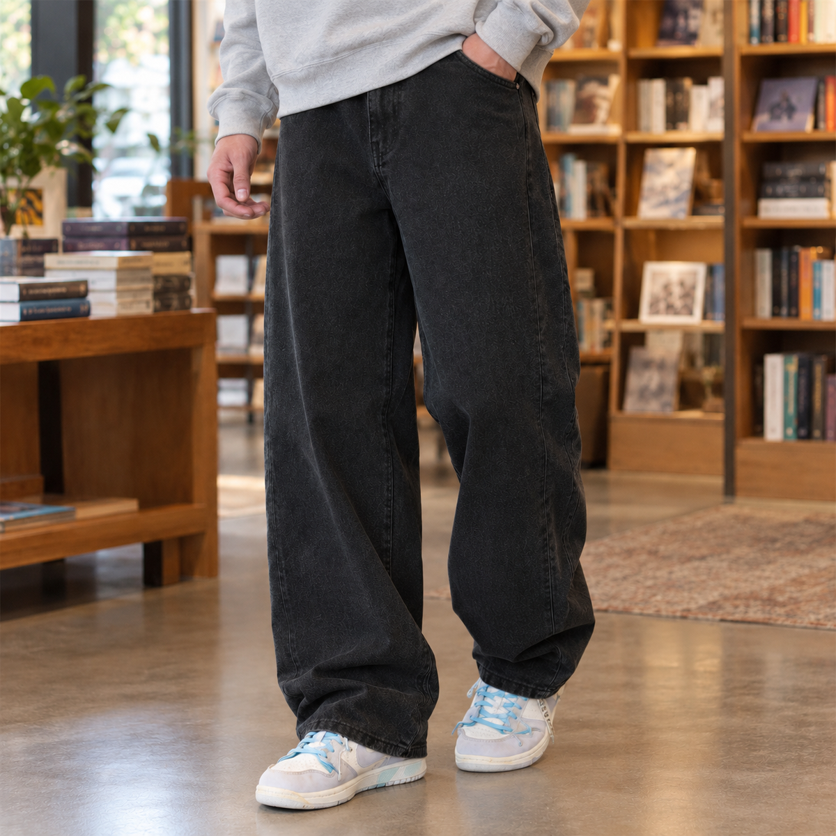 Seitliche Ansicht einer Damen-Wide-Leg-Jeans mit geradem Schnitt
