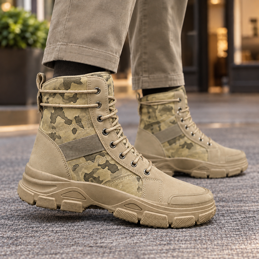 Seitliche Ansicht der Damen-Schnürboots mit Camouflage-Details