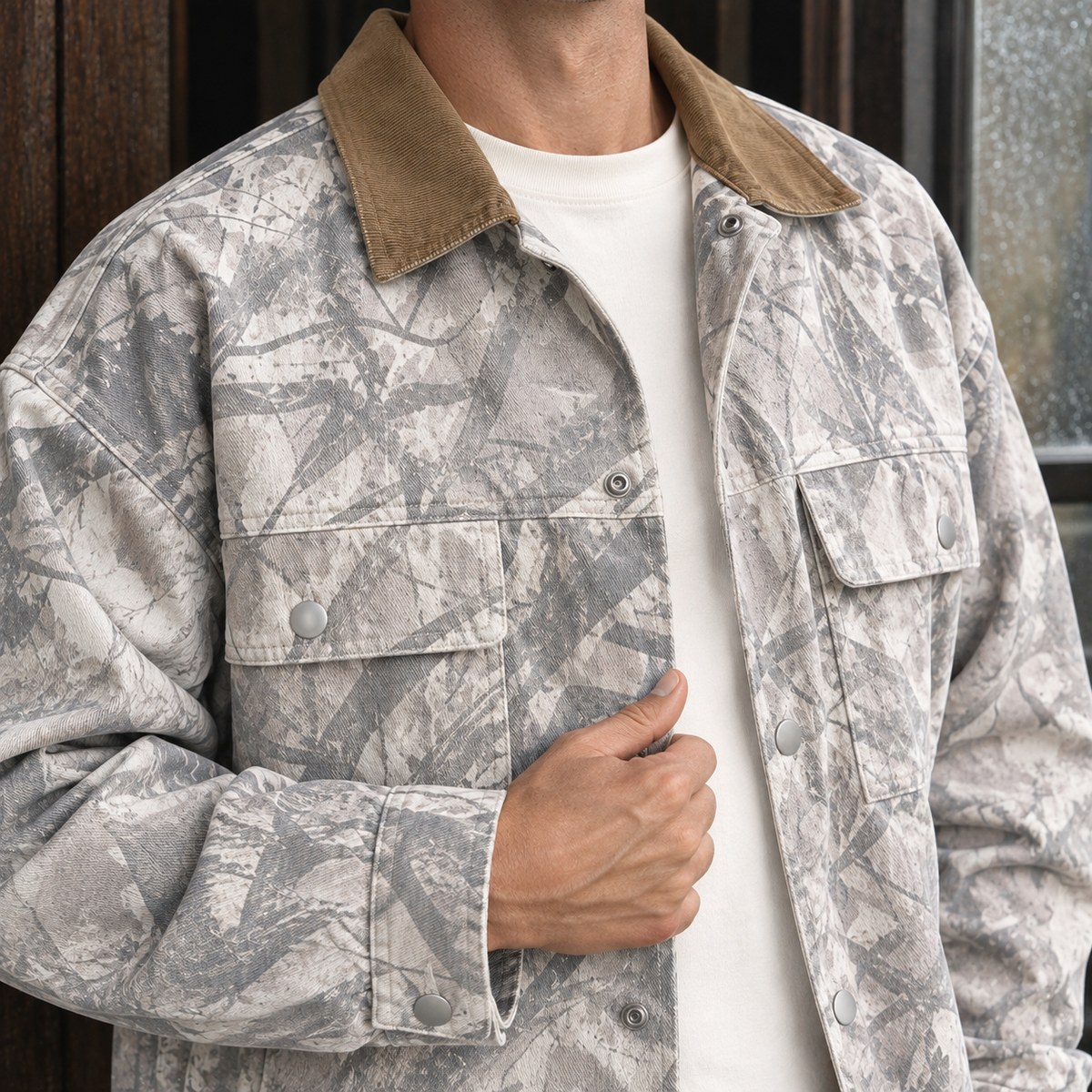 Lässige Camouflage-Jeansjacke für Damen in entspannter Passform