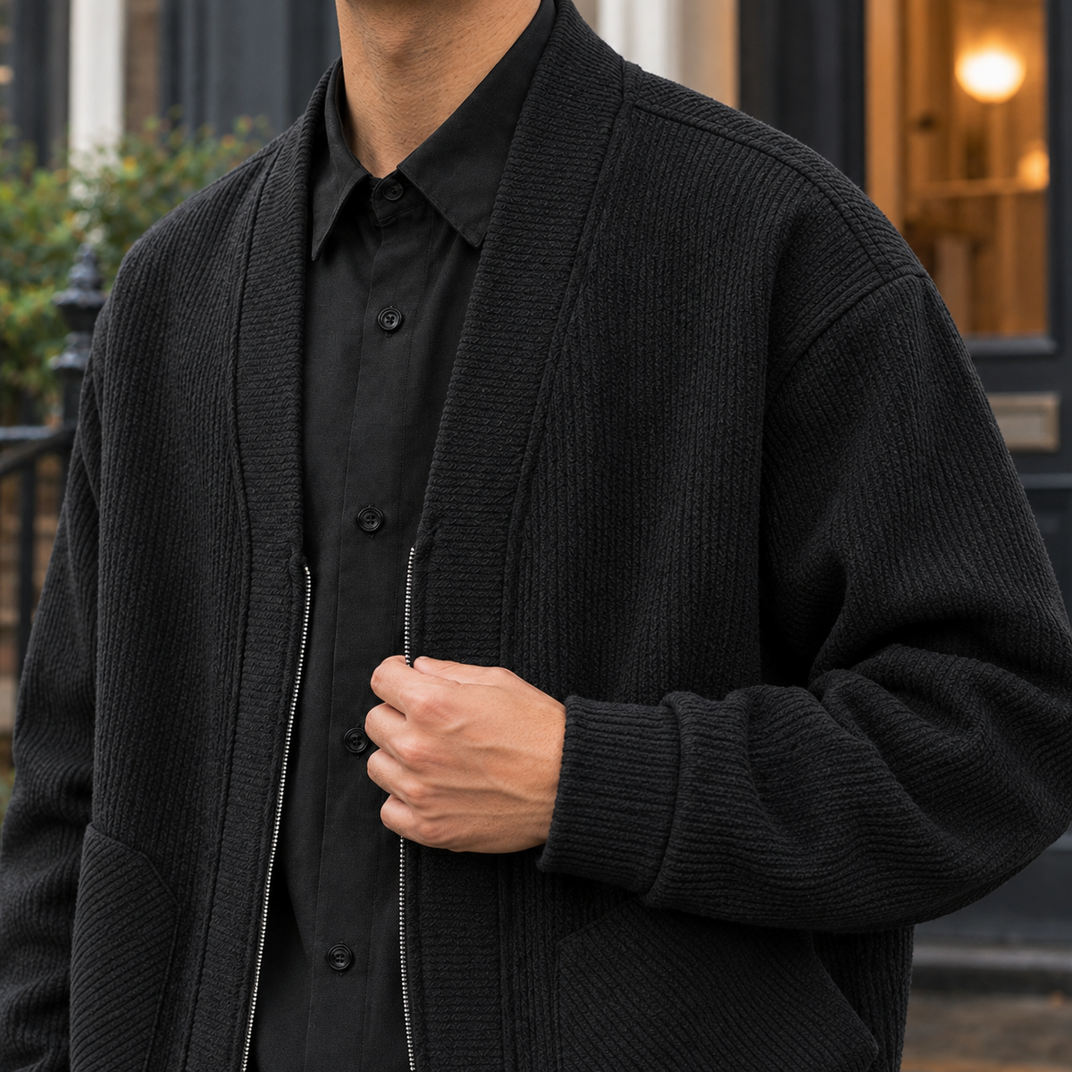 Nahaufnahme der gerippten Strickstruktur und des Reißverschlusses der Damenjacke