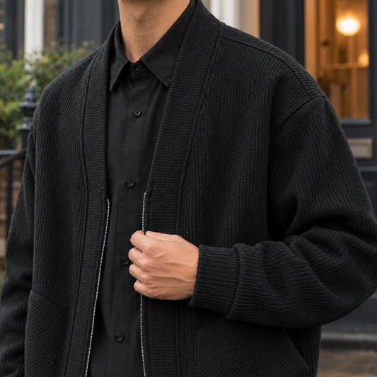 Nahaufnahme der gerippten Strickstruktur und des Reißverschlusses der Damenjacke