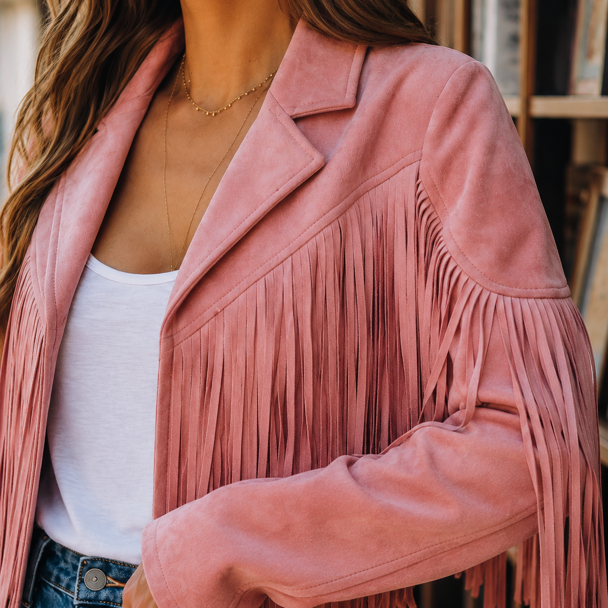 Fransenjacke für Damen im Western-Stil mit geschlossenem Reverskragen