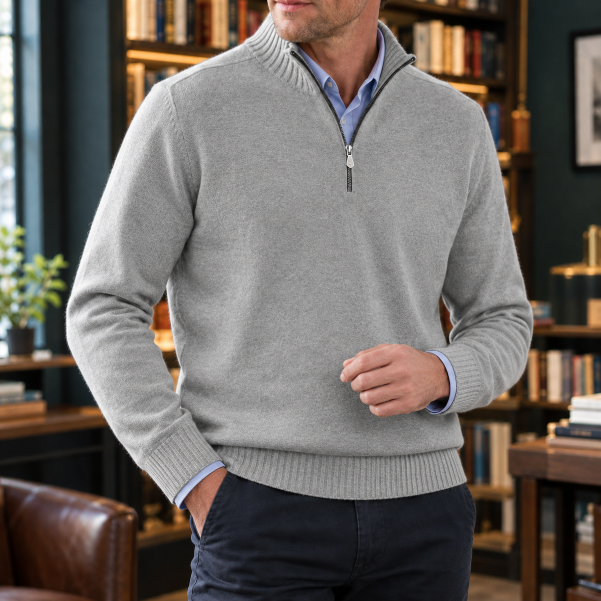 Nahaufnahme der gerippten Strickstruktur des Pullovers