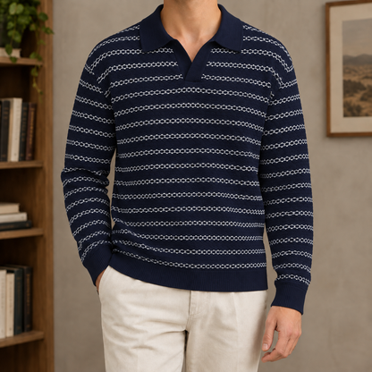 Heren Strickpoloshirt Mit V Ausschnitt Und Streifen