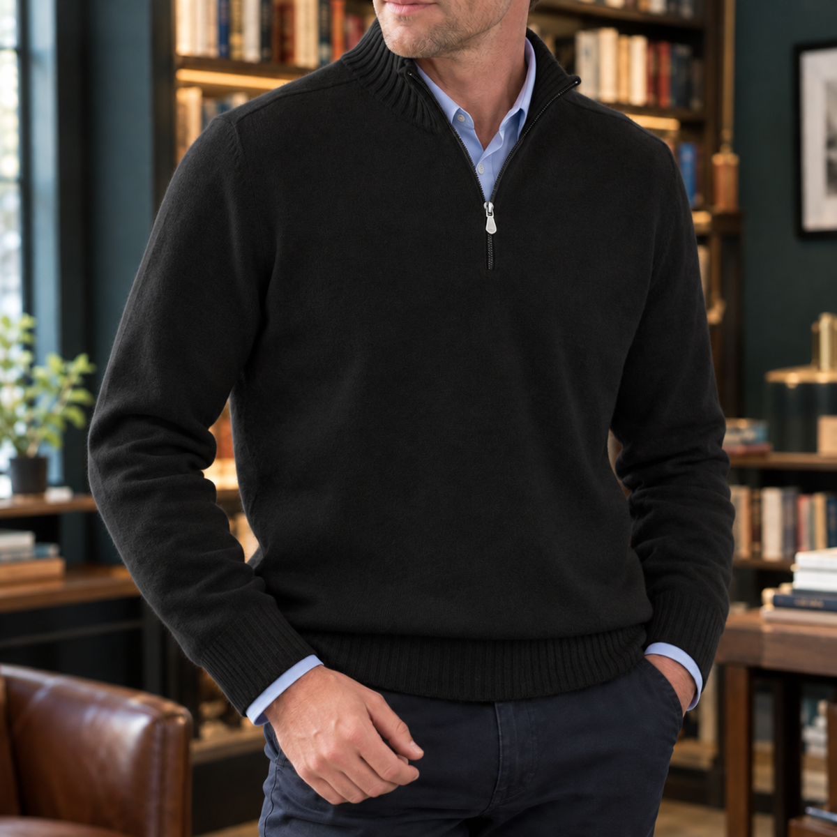 Rippstrickpullover mit hohem Kragen und Viertelreißverschluss