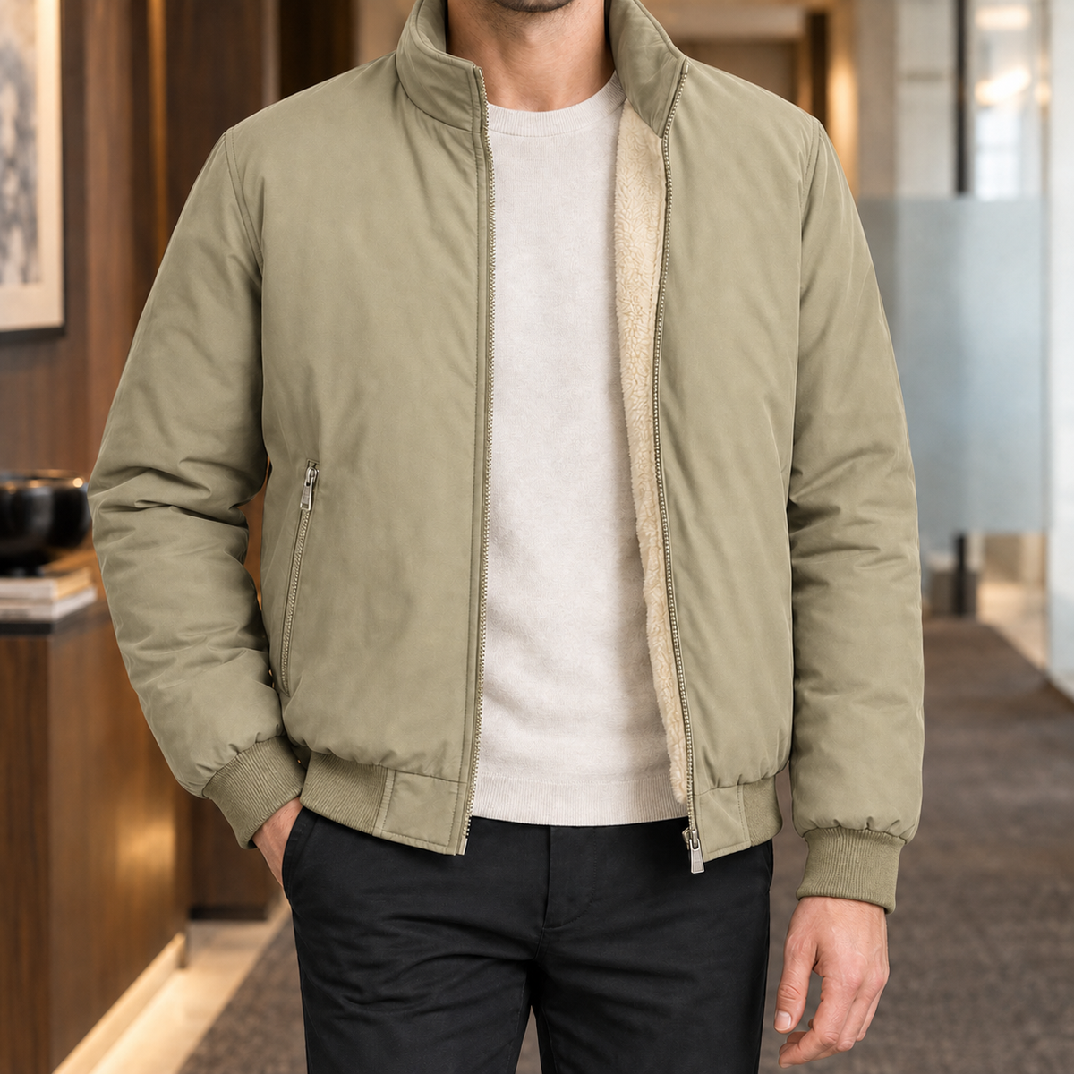 Damen-Stehkragenjacke aus Webstoff in seitlicher Ansicht