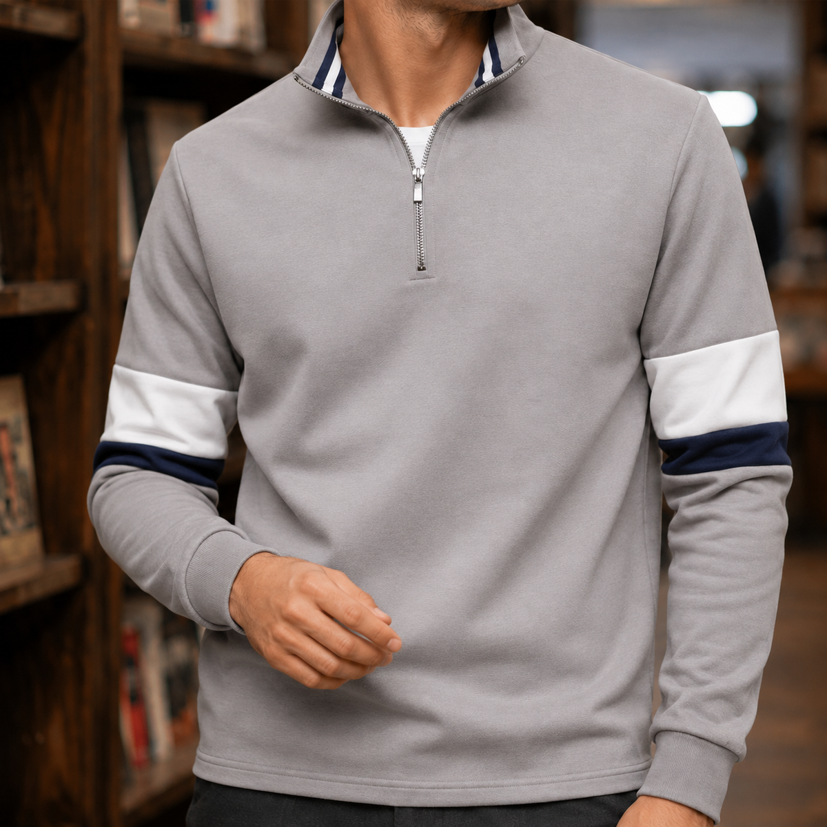 Quarter Zip Pullover Aus Baumwollmix Mit Stehkragen