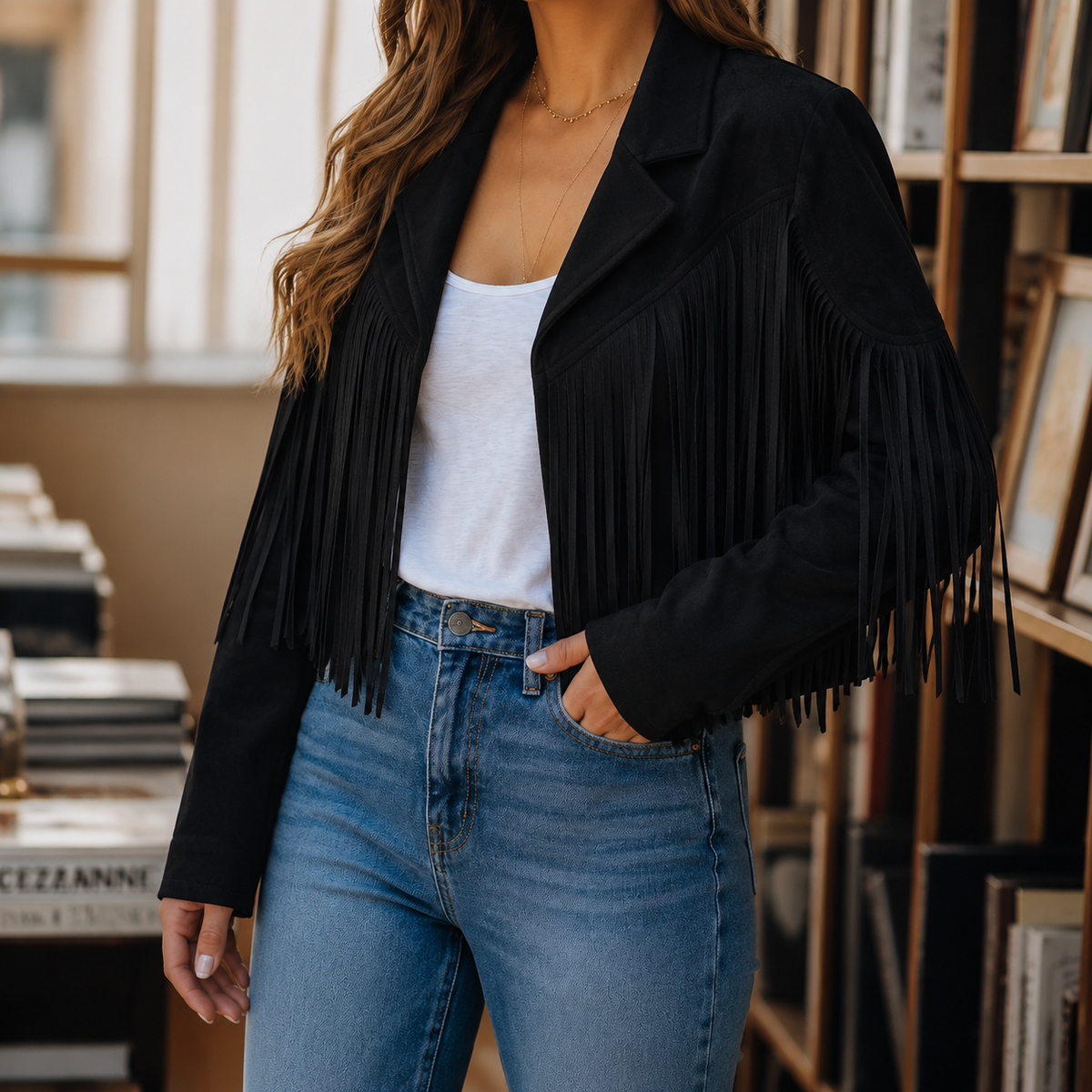 Damen Western Fransenjacke Mit Reverskragen