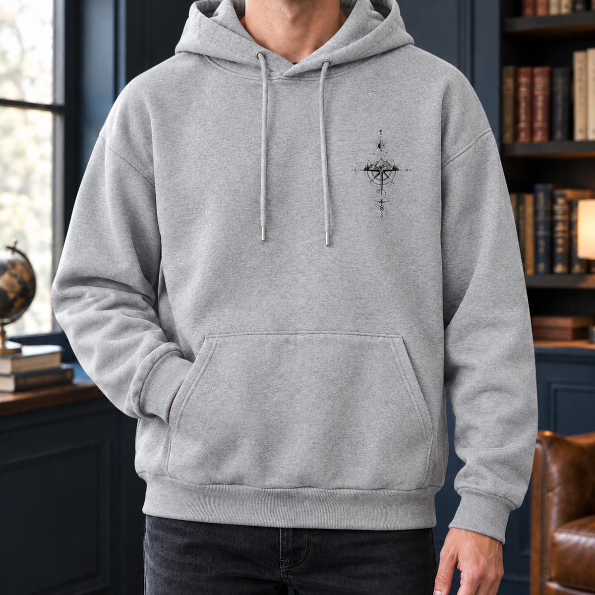 Detailansicht des Bergmotivs auf dem Herren-Hoodie