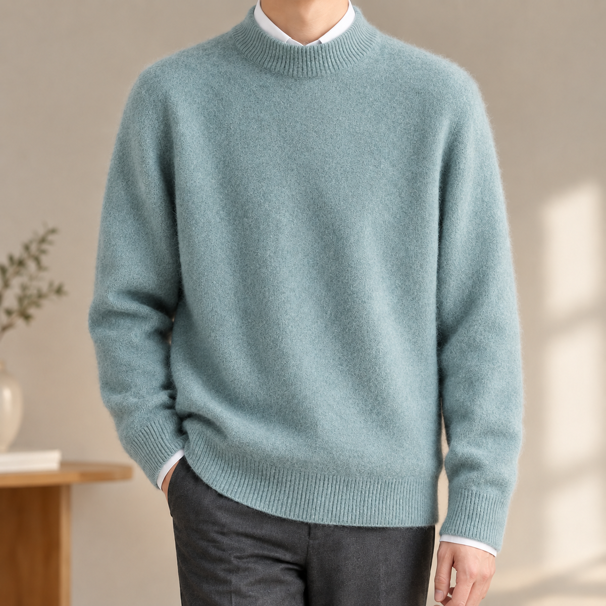 Seitliche Ansicht des Strickpullovers mit Stehkragen