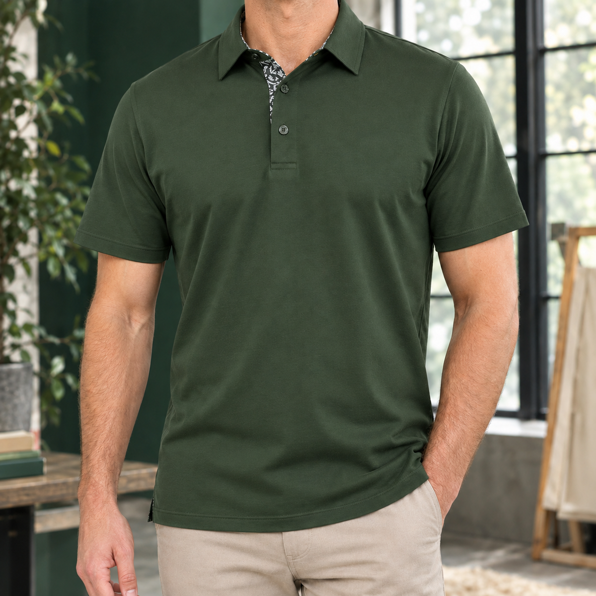 Nahaufnahme der hochwertigen Webstoff-Struktur des Polo-Shirts