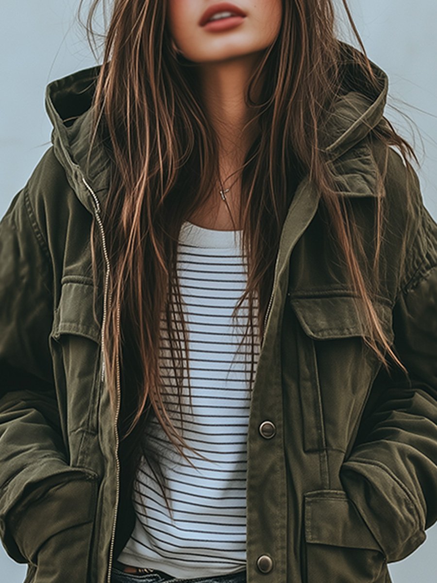 Women's Windproof Work Jacket with Hood and Multiple Pockets