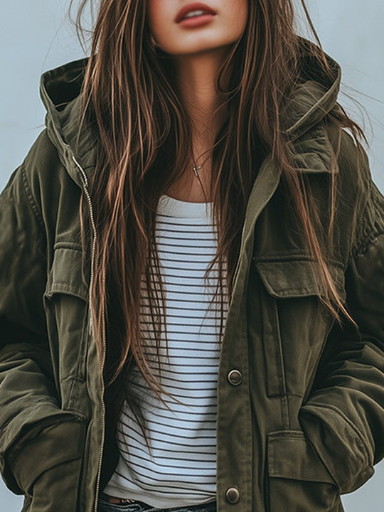 Women's Windproof Work Jacket with Hood and Multiple Pockets