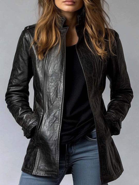 Women's faux leather jacket with stand-up collar and vintage design