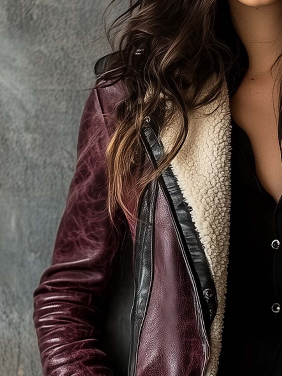 Women's Vintage-Style Lambskin Leather Coat in Bordeaux