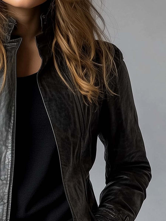 Women's faux leather jacket with stand-up collar and vintage design
