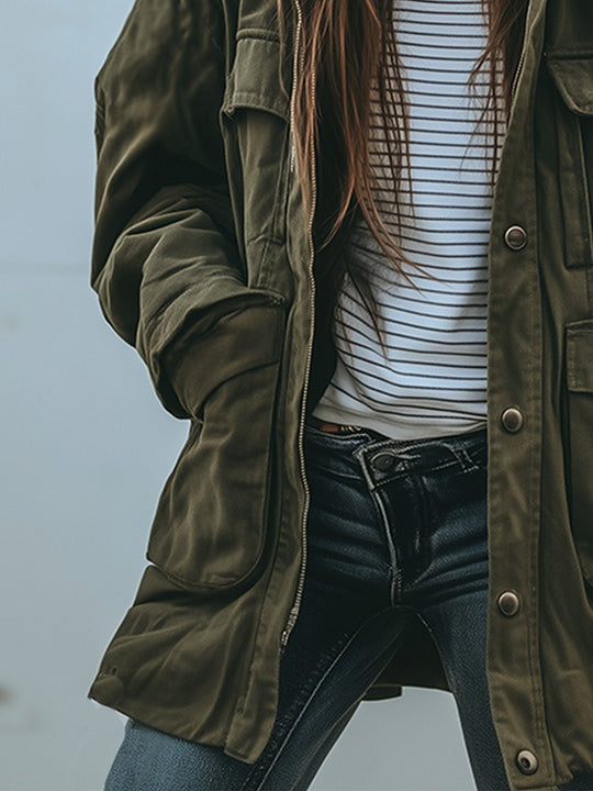 Women's Windproof Work Jacket with Hood and Multiple Pockets