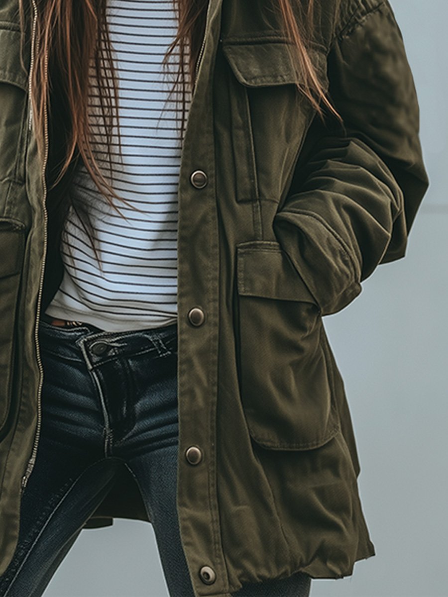 Women's Windproof Work Jacket with Hood and Multiple Pockets