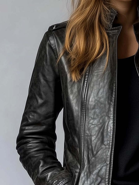 Women's faux leather jacket with stand-up collar and vintage design