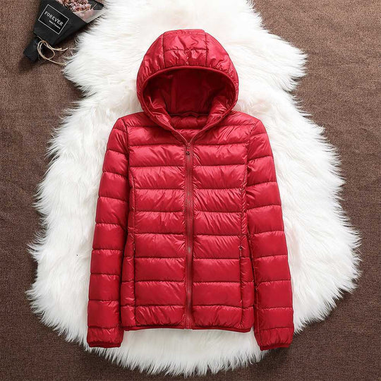 Women's down jacket with hood and classic design 