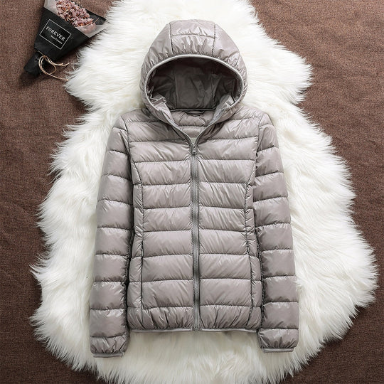 Women's down jacket with hood and classic design 