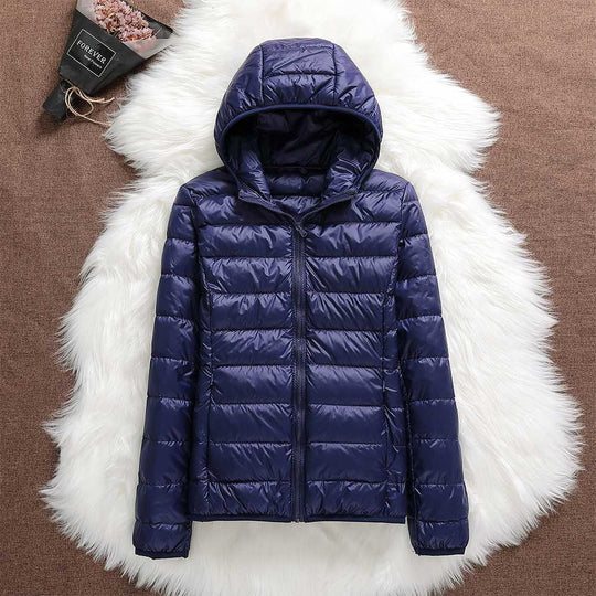 Women's down jacket with hood and classic design 
