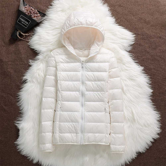 Women's down jacket with hood and classic design 