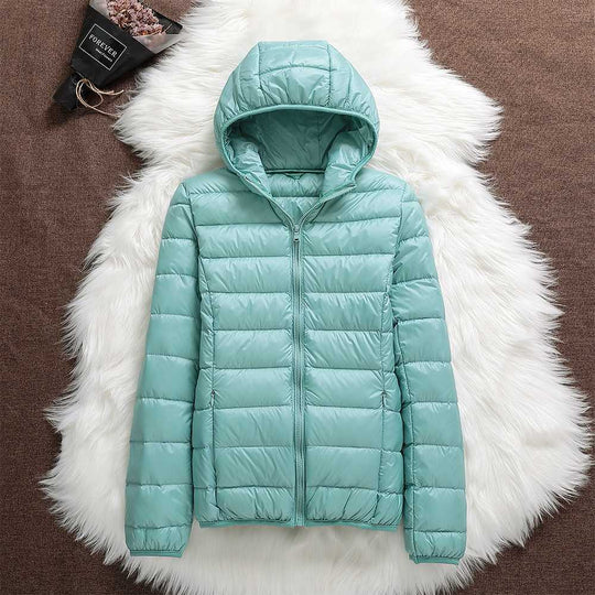 Women's down jacket with hood and classic design 