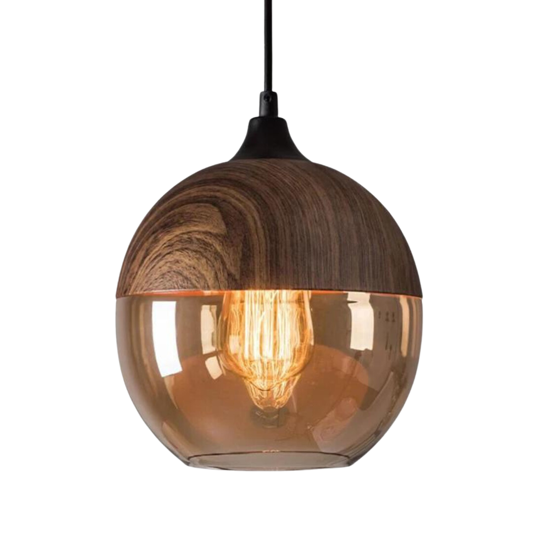 Scandinavian wooden ceiling lamp with tinted glass