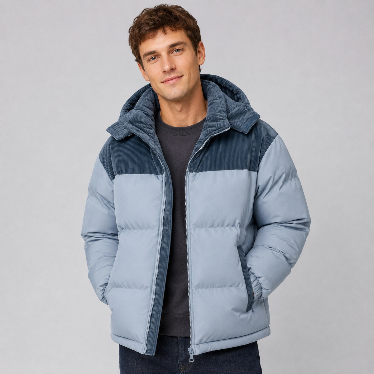 Seitliche Ansicht der Oversize-Steppjacke für Herren