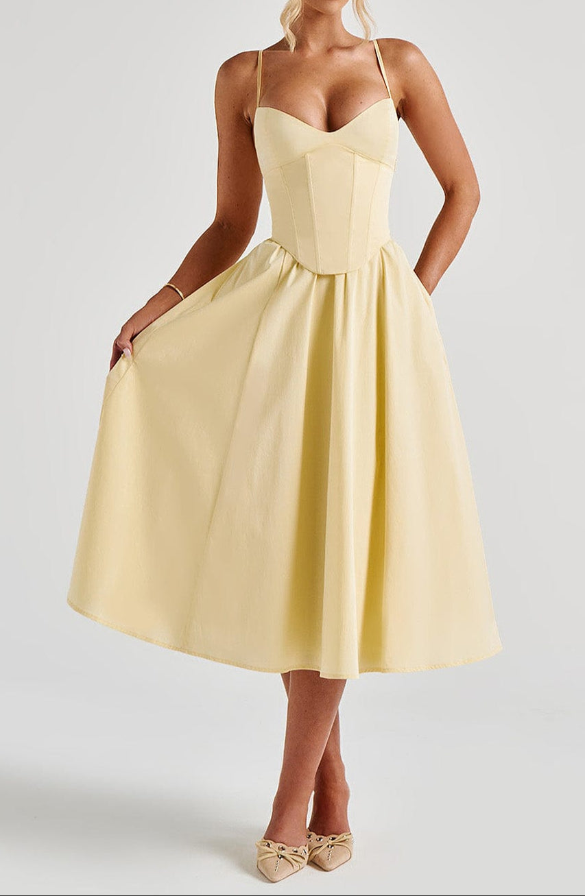 Women's Midi Dress with Corset in Lemon Yellow 