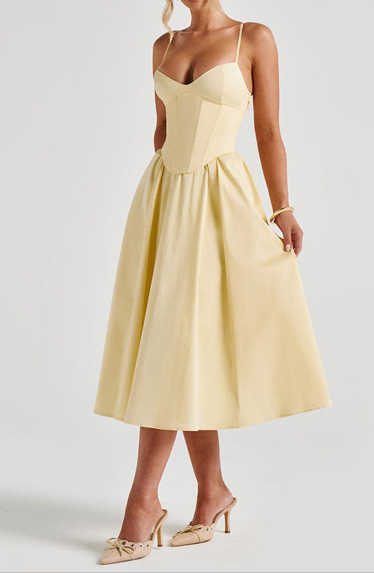 Women's Midi Dress with Corset in Lemon Yellow 